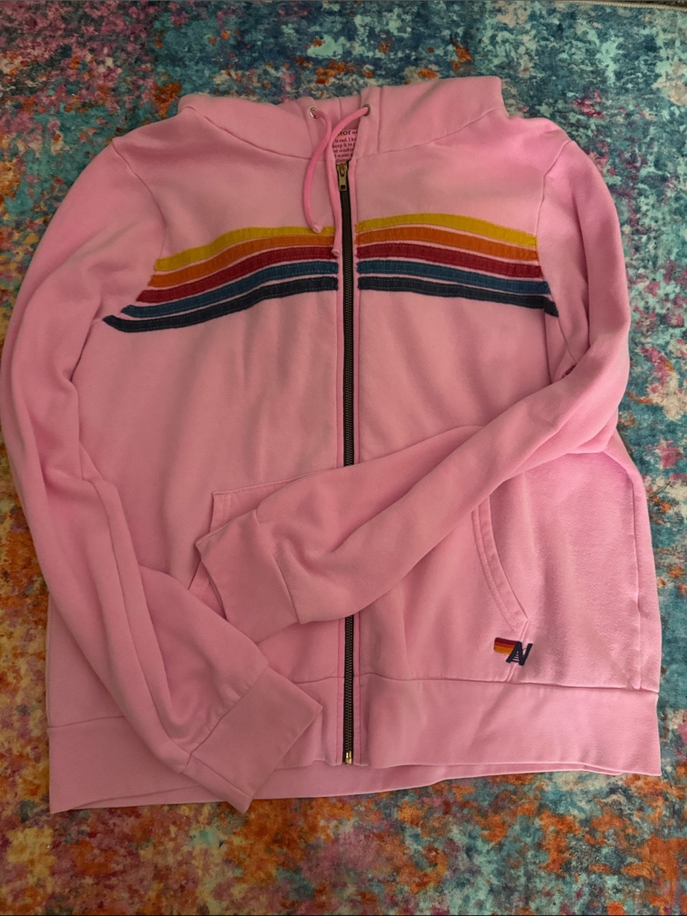 Aviator Nation Pink Hoodie with Rainbow Stripe Accents